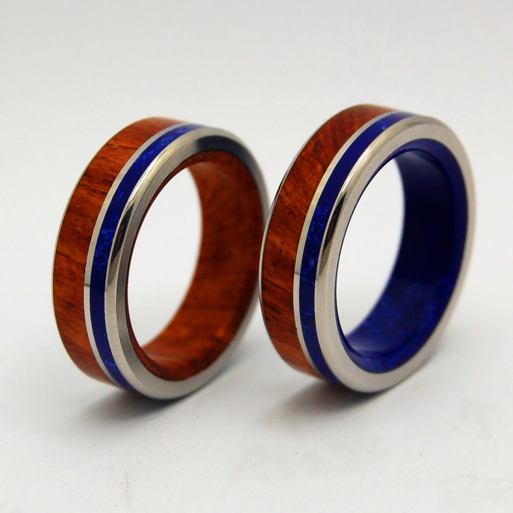 Twilight By Lake | Amboyna Burl Wood & Sodalite Stone - Unique Wedding Ring Set - Minter and Richter Designs