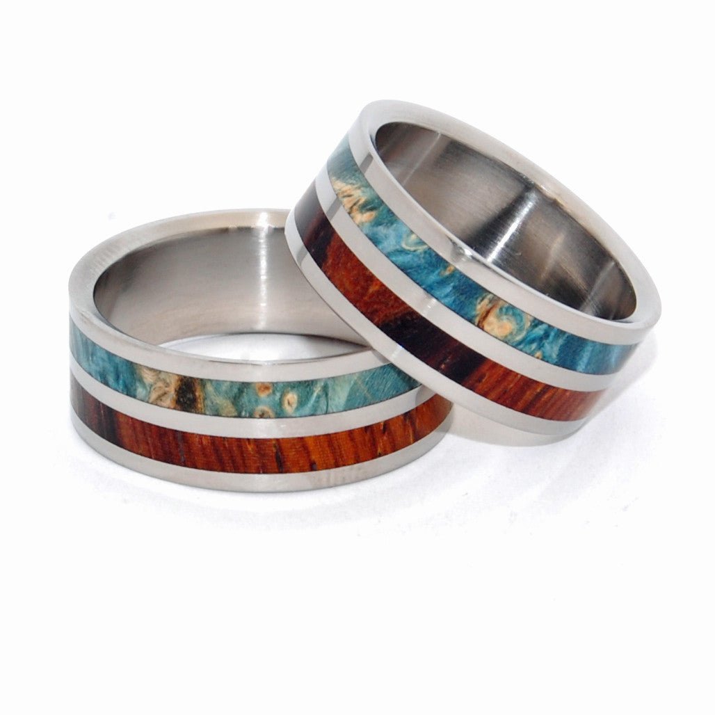 Two Kings Unite | Blue Box Elder Wood & Cocobolo Wood - Titanium Matching Wedding Ring Set - Minter and Richter Designs