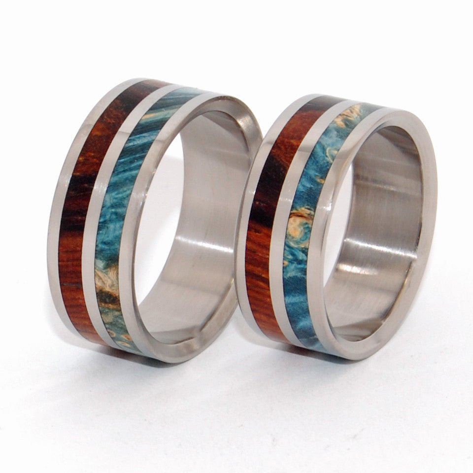 Two Kings Unite | Blue Box Elder Wood & Cocobolo Wood - Titanium Matching Wedding Ring Set - Minter and Richter Designs