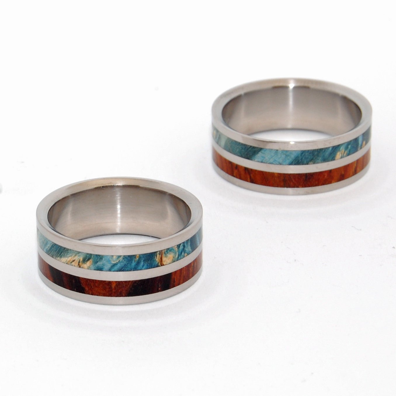 Two Kings Unite | Blue Box Elder Wood & Cocobolo Wood - Titanium Matching Wedding Ring Set - Minter and Richter Designs