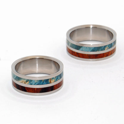 Two Kings Unite | Blue Box Elder Wood & Cocobolo Wood - Titanium Matching Wedding Ring Set - Minter and Richter Designs