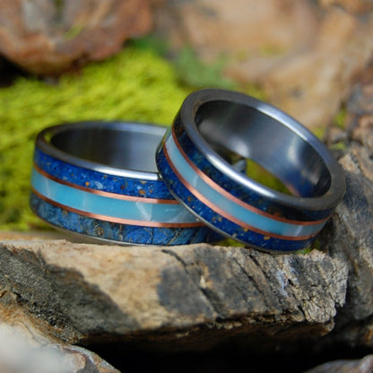 VERO BEACH TI SET | His & Hers Blue Box Elder Wood, Vero Beach Sand, Larimar Stone, Copper & Titanium Wedding Rings - Minter and Richter Designs