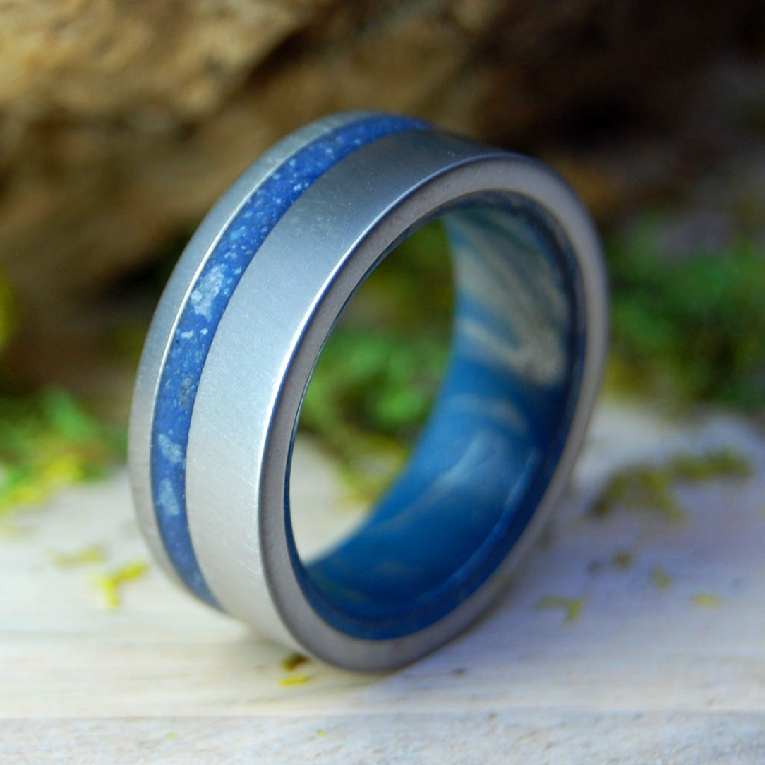 YOUR BEACH IN BLUE | Beach Sand & Blue Silver M3 Titanium Men's Wedding Rings - Minter and Richter Designs