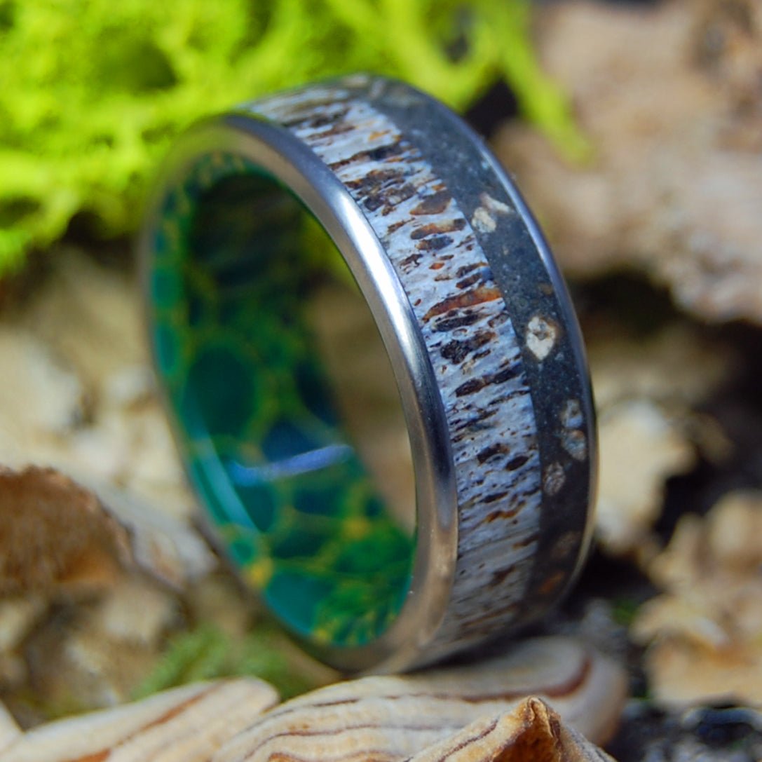 WADING MOOSE ROUNDED | Men's Moose Antler, Beach Sand, Jade & Titanium Wedding Ring - Minter and Richter Designs