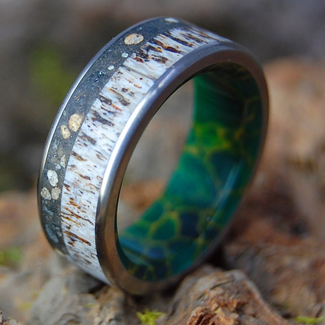 WADING MOOSE ROUNDED | Men's Moose Antler, Beach Sand, Jade & Titanium Wedding Ring - Minter and Richter Designs