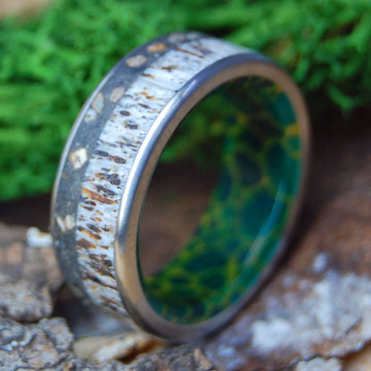 WADING MOOSE ROUNDED | Men's Moose Antler, Beach Sand, Jade & Titanium Wedding Ring - Minter and Richter Designs