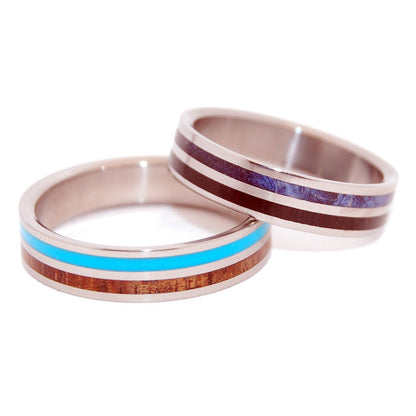 Walking Along Holding Hands | Turquoise Resin & Hawaiian Koa Wood - Unique Wedding Rings - Minter and Richter Designs