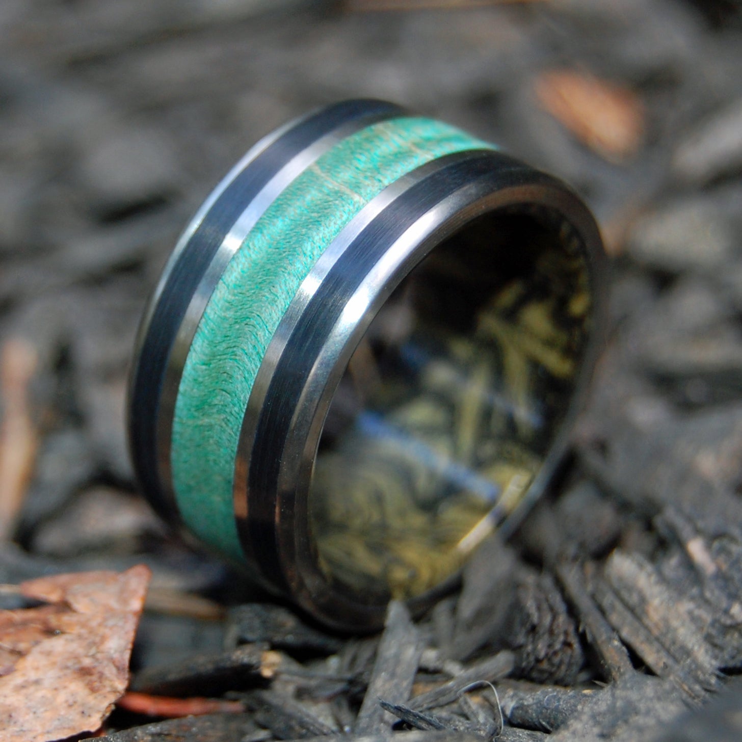 Water Buffalo Gold | Men's Mokume Gane, Green Maple, Horn & Titanium Wedding Ring - Minter and Richter Designs