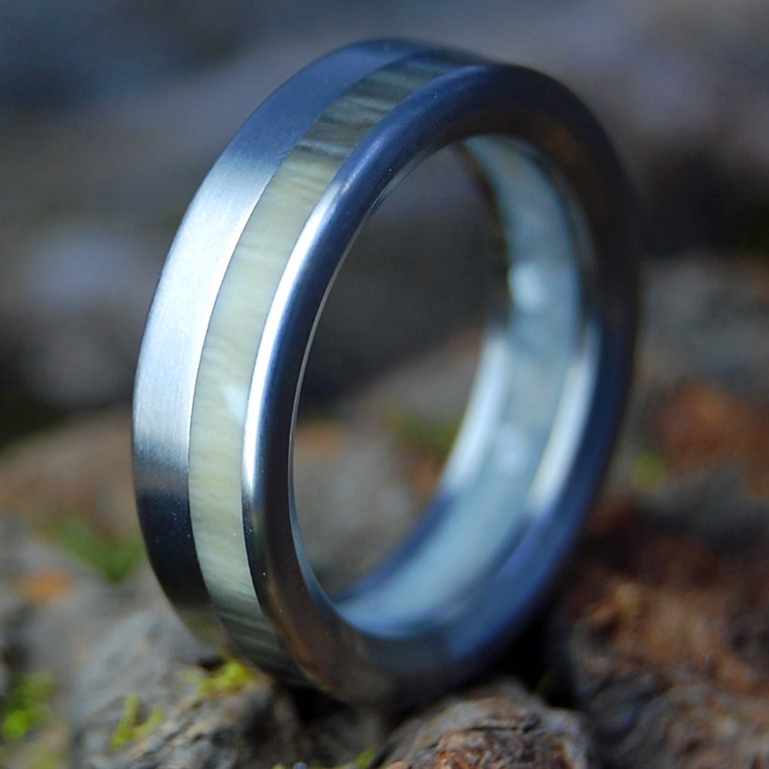 WEDDED CATTLEHORN | Wedding Dress Fabric, Cattle Horn & Titanium Wedding Ring - Minter and Richter Designs