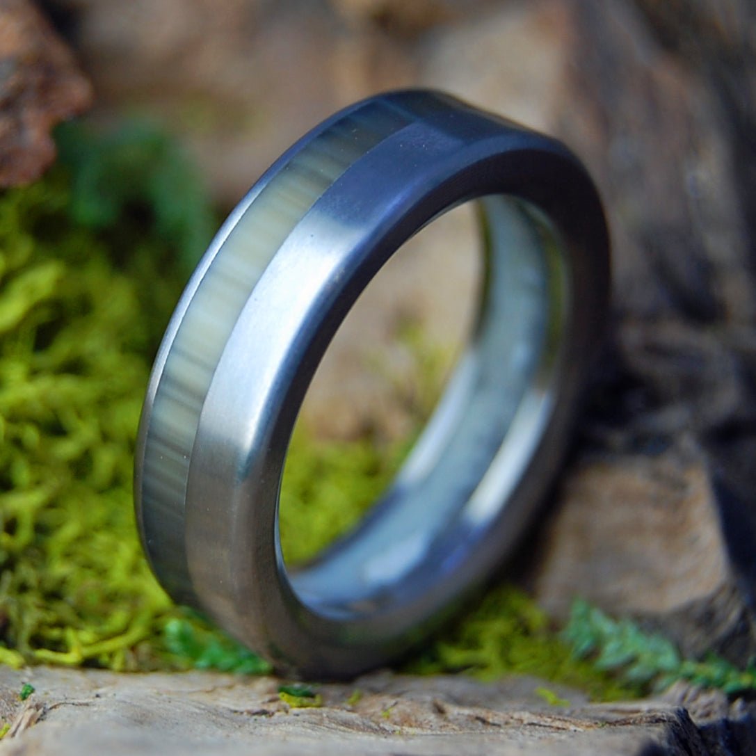 WEDDED CATTLEHORN | Wedding Dress Fabric, Cattle Horn & Titanium Wedding Ring - Minter and Richter Designs