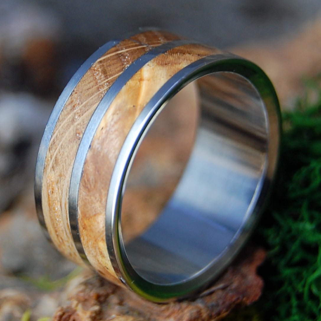 WHISKEY WOOLLEY WIDE | Men's Whiskey Barrel & Box Elder Wood & Titanium Wedding Ring - Minter and Richter Designs
