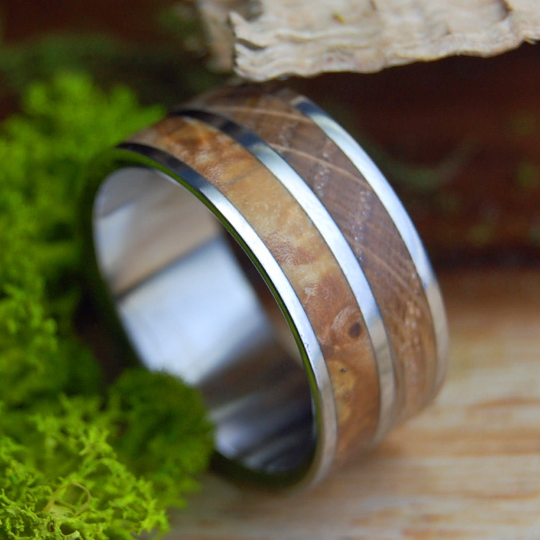 WHISKEY WOOLLEY WIDE | Men's Whiskey Barrel & Box Elder Wood & Titanium Wedding Ring - Minter and Richter Designs