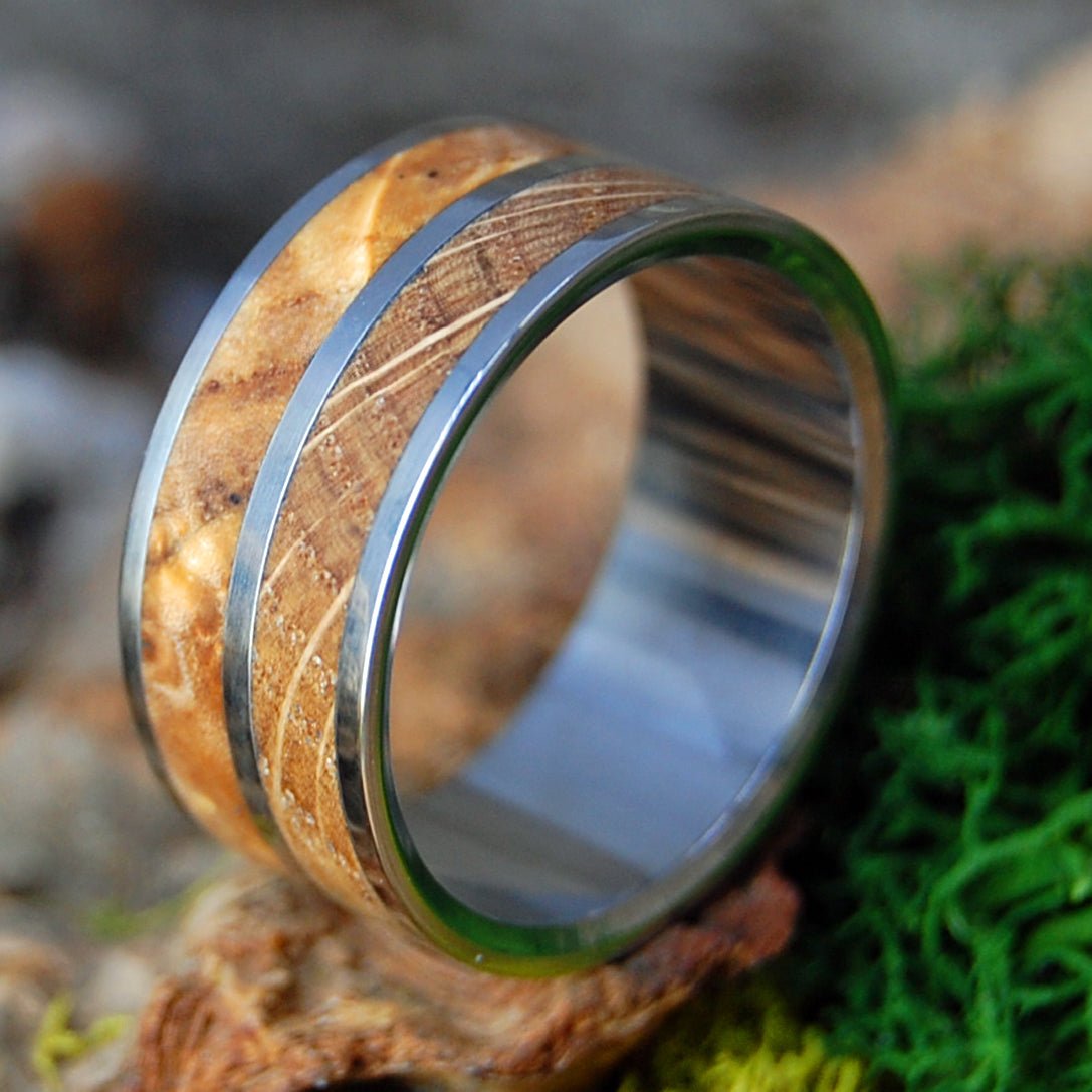 WHISKEY WOOLLEY WIDE | Men's Whiskey Barrel & Box Elder Wood & Titanium Wedding Ring - Minter and Richter Designs