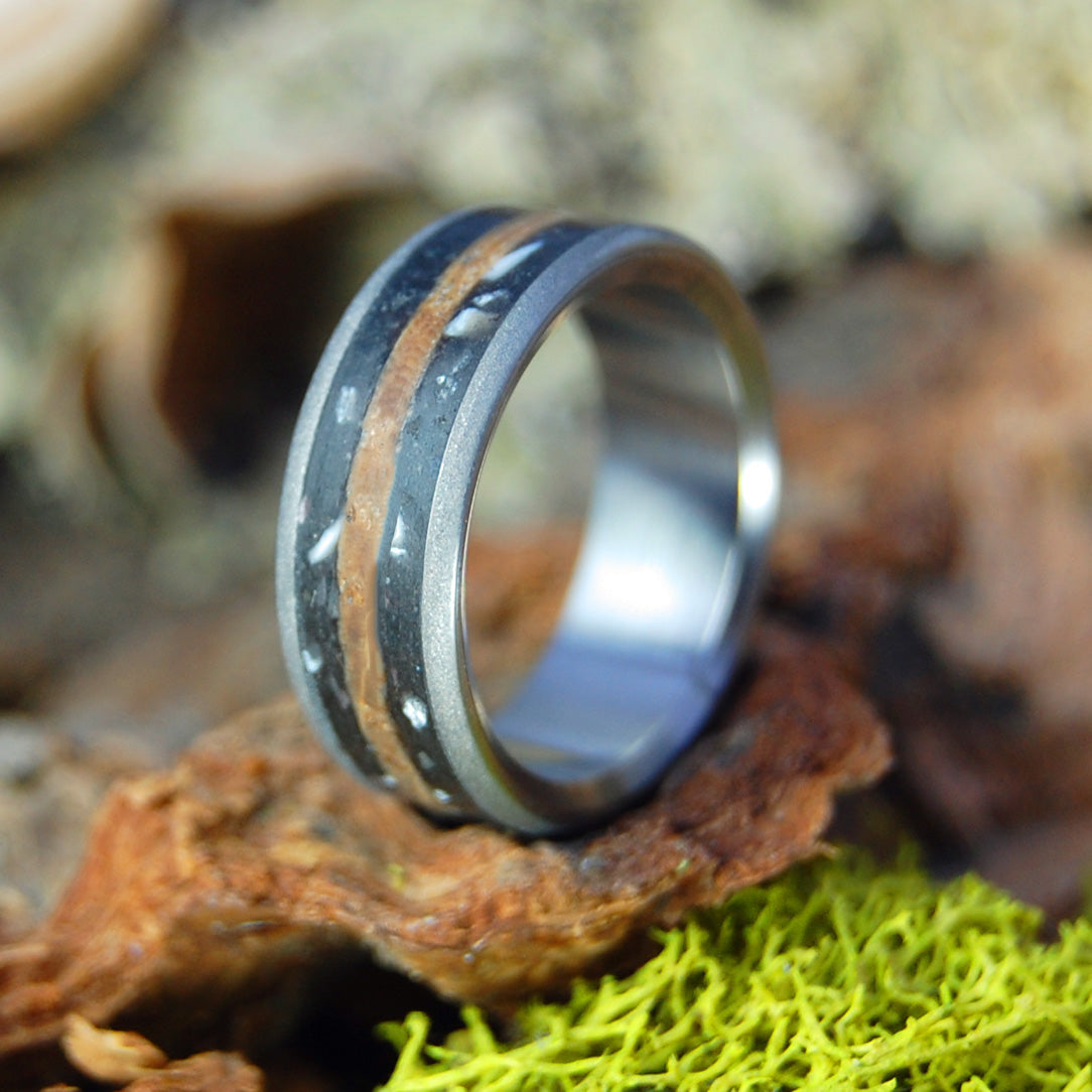 TAKING WHISKEY SHOTS WITH A T-REX | Dinosaur Tooth/Bone & Whiskey Barrel Wood Wedding Ring - Minter and Richter Designs