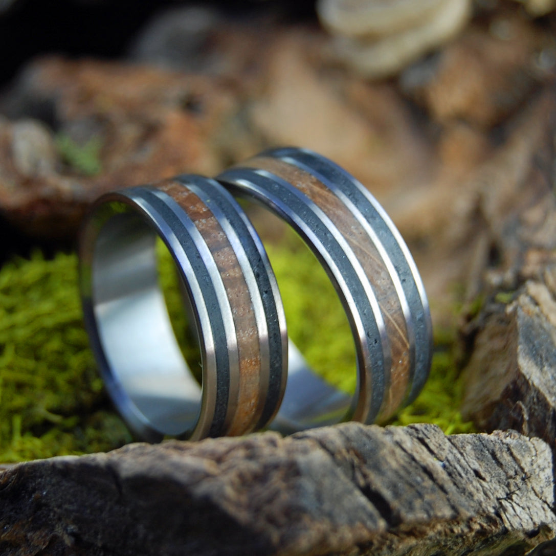ICELAND LOVES WHISKEY | Icelandic Lava and Whiskey Barrel - Unique Wedding Rings - Minter and Richter Designs