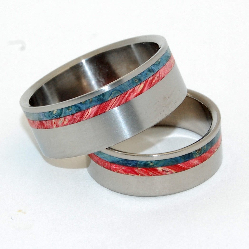 Wild Blue Yonder | Blue Wood And Red Wood Matching Wedding Rings - Minter and Richter Designs