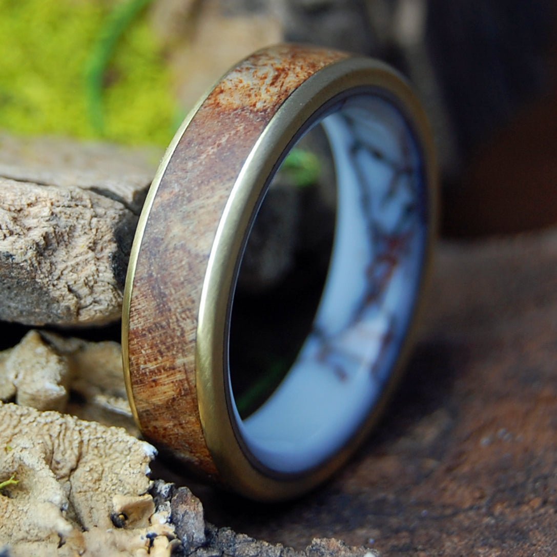 WILD SPALTED BRASS | Men's Spalted Maple, Brass, Wild Horse Jasper & Titanium Wedding Ring - Minter and Richter Designs