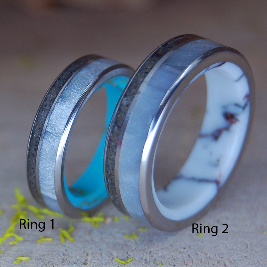 Wild & Turquoise Gray Kentucky Set | Gray Marbled Opalescent, Kentucky Coal, Stone & Titanium Wedding Rings - Minter and Richter Designs