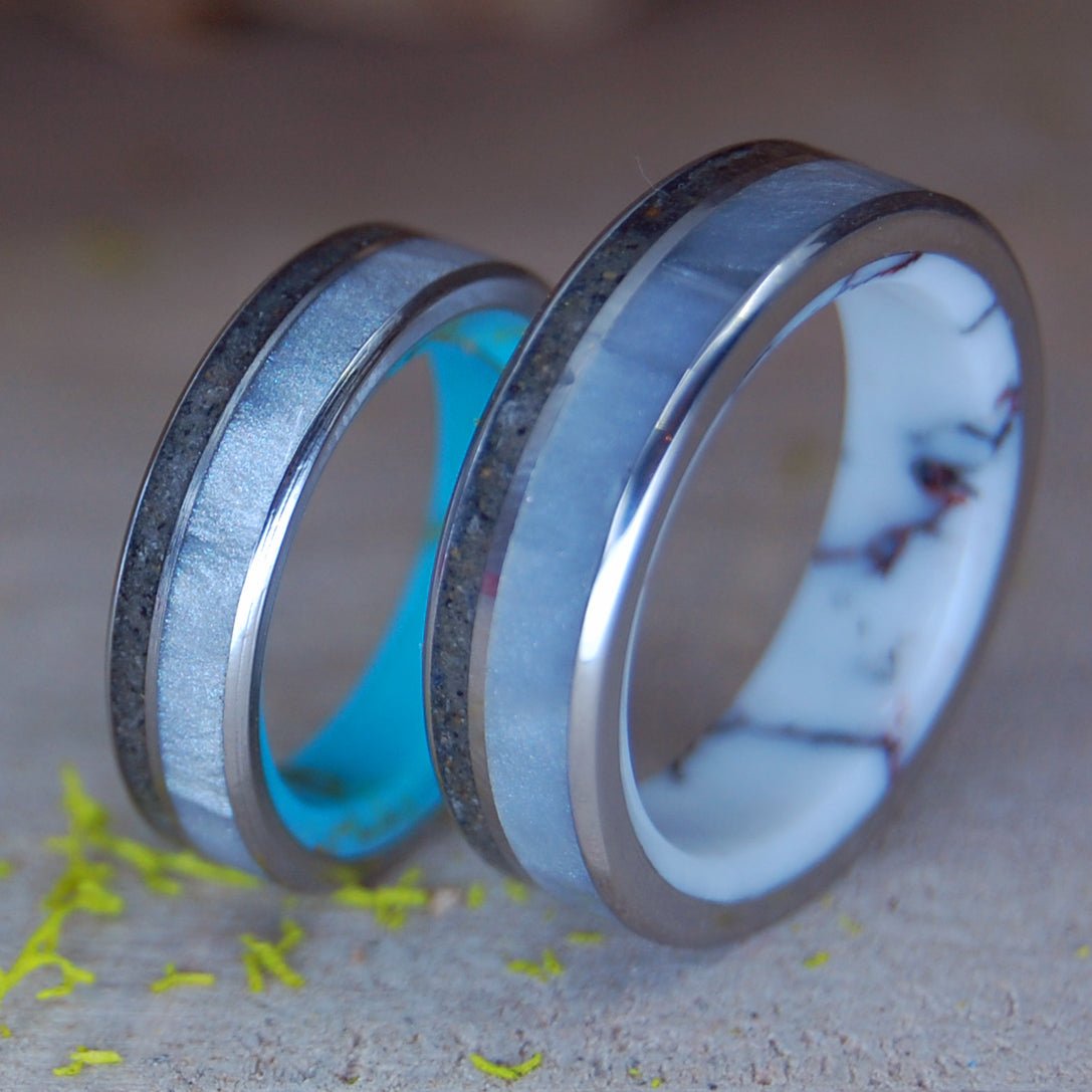 Wild & Turquoise Gray Kentucky Set | Gray Marbled Opalescent, Kentucky Coal, Stone & Titanium Wedding Rings - Minter and Richter Designs