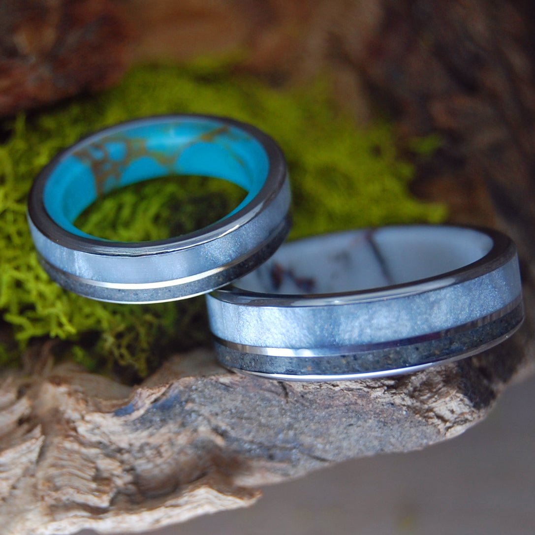Wild & Turquoise Gray Kentucky Set | Gray Marbled Opalescent, Kentucky Coal, Stone & Titanium Wedding Rings - Minter and Richter Designs