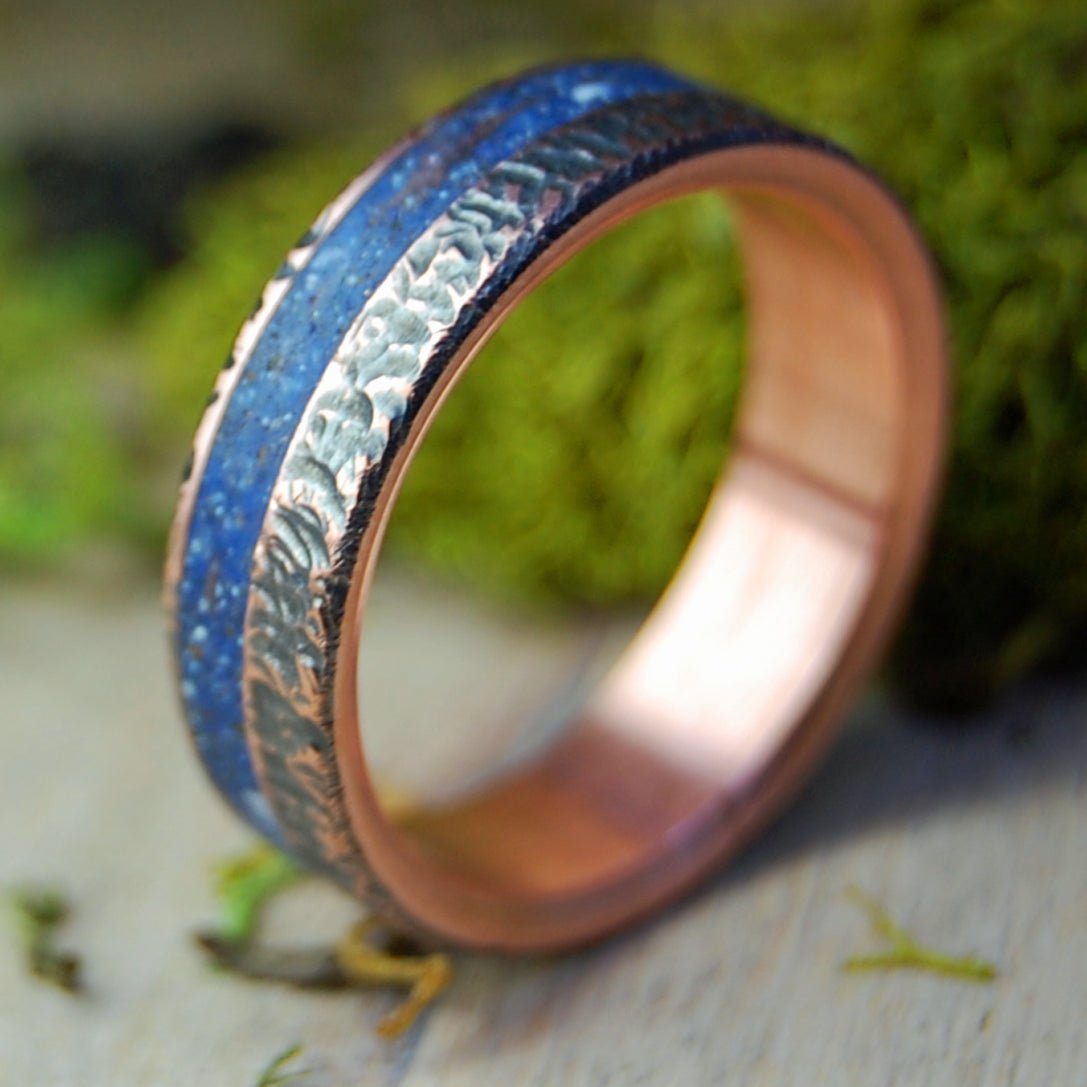 Wolf Prophecy | Men's Wolf Teeth & Beach Sand, Hand Beaten Copper & Titanium Wedding Ring - Minter and Richter Designs