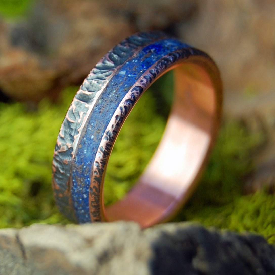 Wolf Prophecy | Men's Wolf Teeth & Beach Sand, Hand Beaten Copper & Titanium Wedding Ring - Minter and Richter Designs