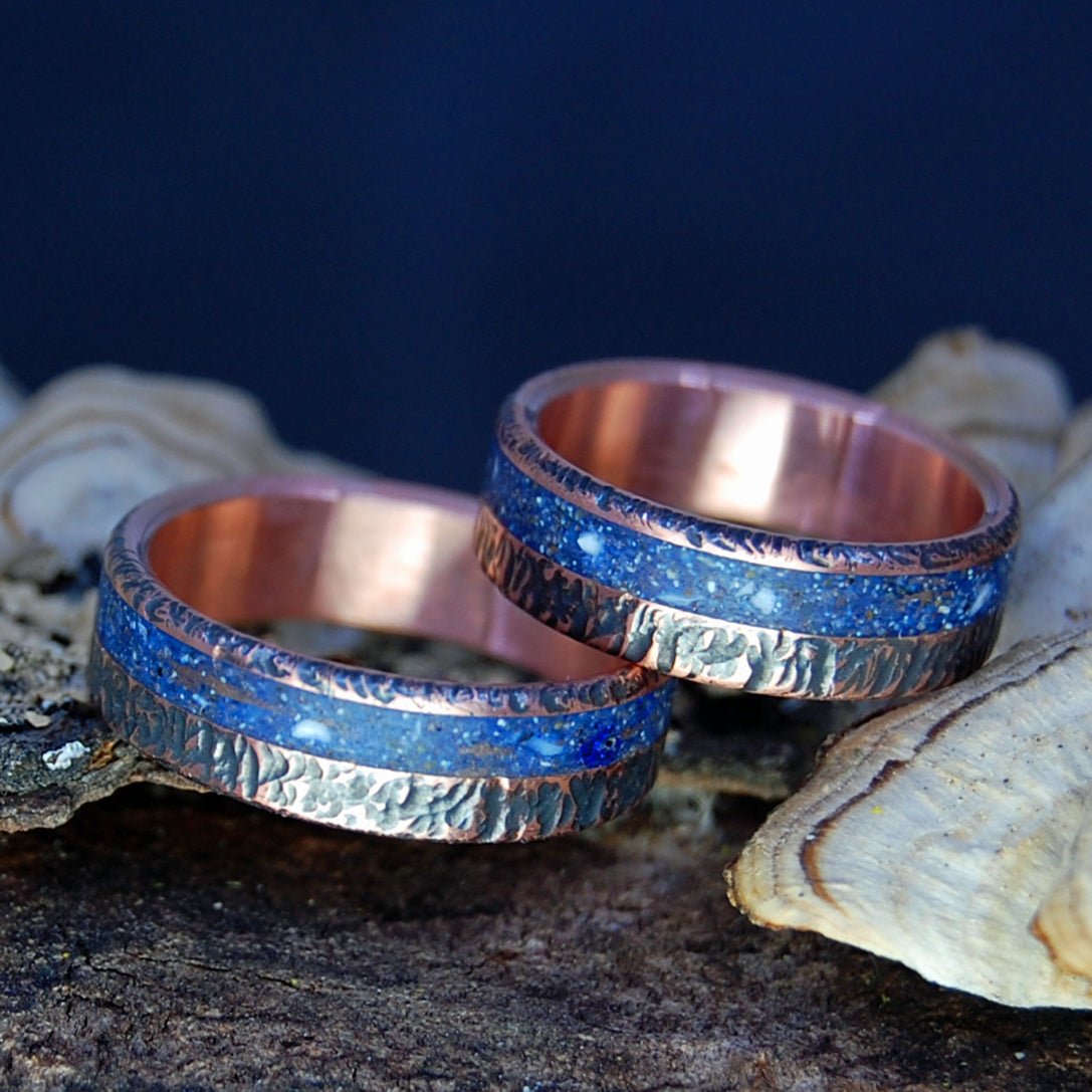 Wolf Prophecy | Wolf Teeth & Beach Sand, Hand Beaten Copper & Titanium Wedding Rings - Minter and Richter Designs