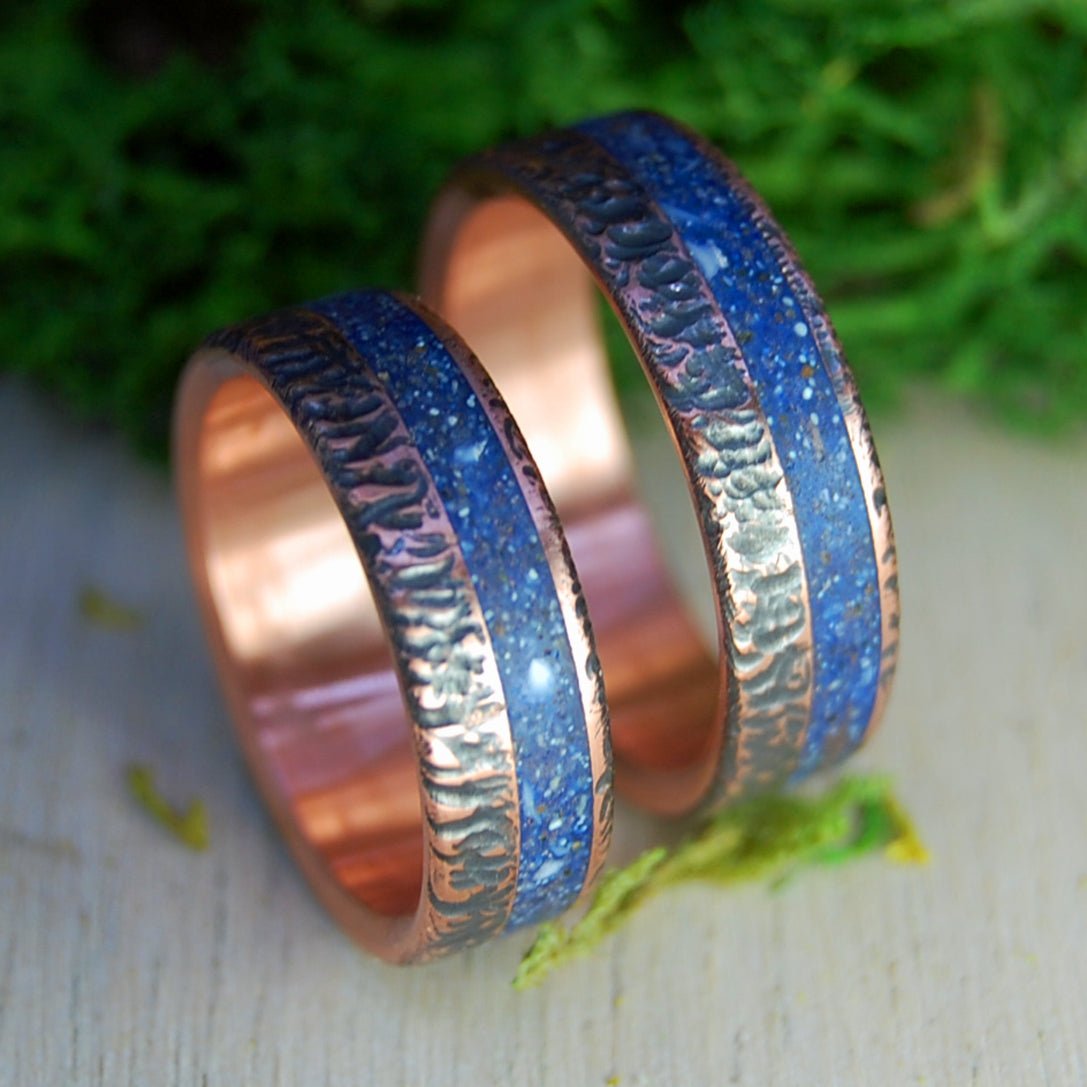 Wolf Prophecy | Wolf Teeth & Beach Sand, Hand Beaten Copper & Titanium Wedding Rings - Minter and Richter Designs