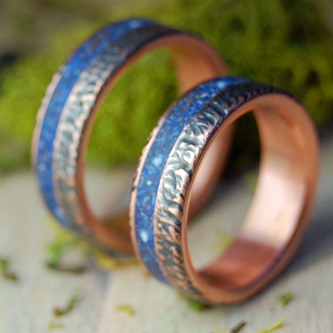 Wolf Prophecy | Wolf Teeth & Beach Sand, Hand Beaten Copper & Titanium Wedding Rings - Minter and Richter Designs