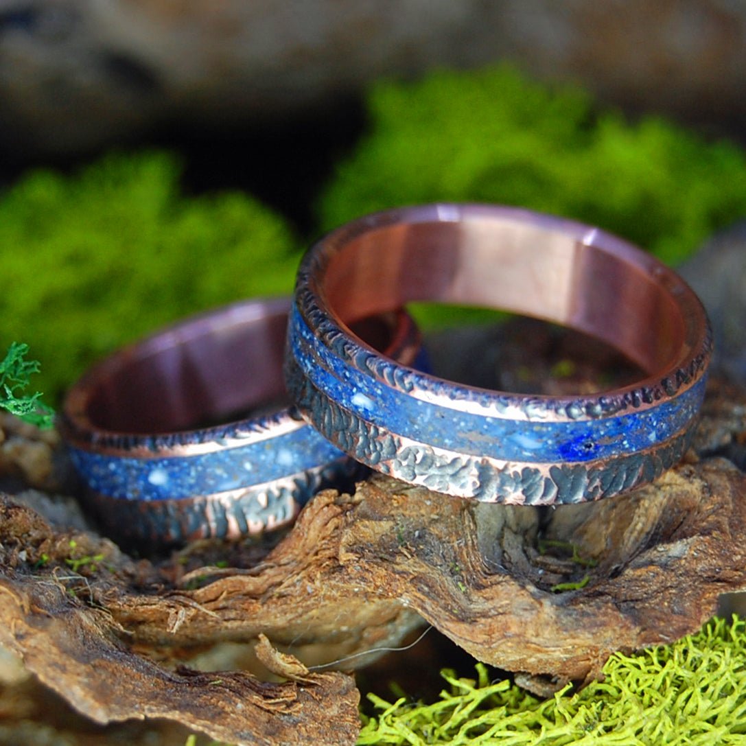Wolf Prophecy | Wolf Teeth & Beach Sand, Hand Beaten Copper & Titanium Wedding Rings - Minter and Richter Designs
