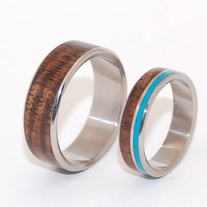 Wooded Cove Hidden Forest | Turquoise Stone & Koa Wood & Titanium - Unique Wedding Ring - Wedding Ring Sets - Minter and Richter Designs