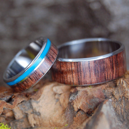 Wooded Cove Hidden Forest | Turquoise Stone & Koa Wood & Titanium - Unique Wedding Ring - Wedding Ring Sets - Minter and Richter Designs