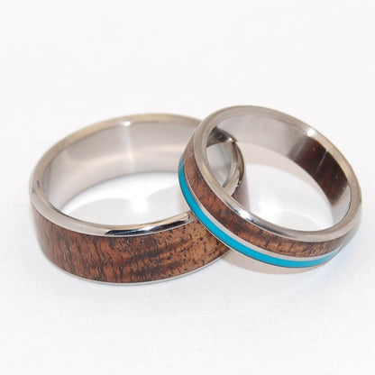 Wooded Cove Hidden Forest | Turquoise Stone & Koa Wood & Titanium - Unique Wedding Ring - Wedding Ring Sets - Minter and Richter Designs