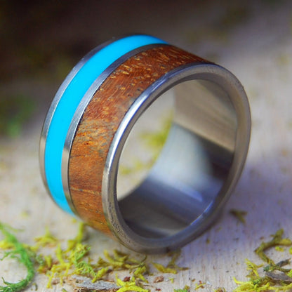 Wooded Cove | Size 5.5 At 10mm | Koa Wood and Turquoise Resin | Unique Wedding Band | On Sale - Minter and Richter Designs