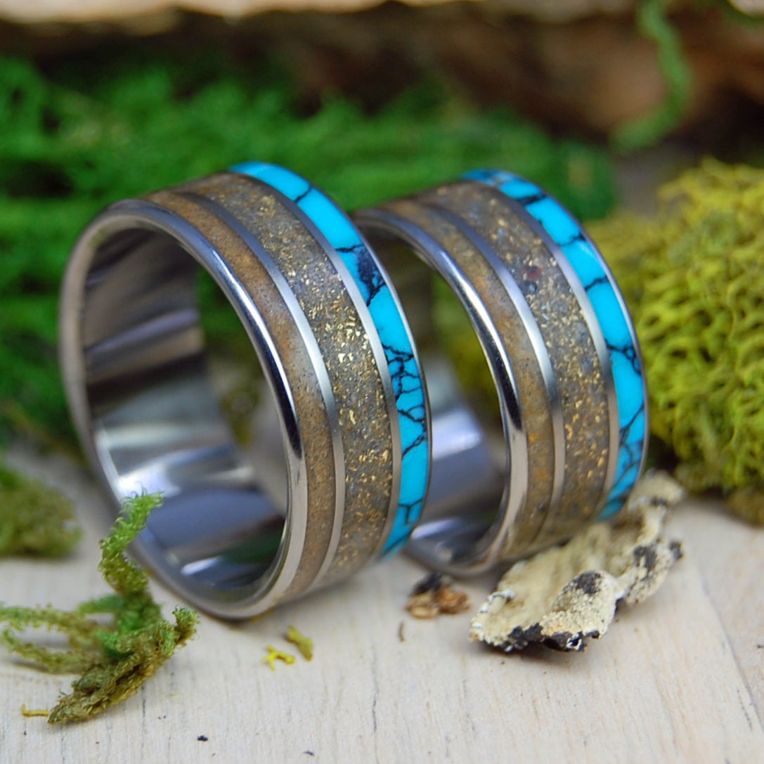 Woolly Mammoth Gold Quartz Set | Woolly Mammoth Tusk, Turquoise and Gold Quartz - Titanium Wedding Rings - Minter and Richter Designs