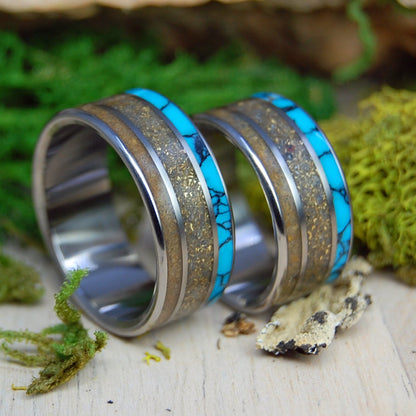Woolly Mammoth Gold Quartz Set | Woolly Mammoth Tusk, Turquoise and Gold Quartz - Titanium Wedding Rings - Minter and Richter Designs