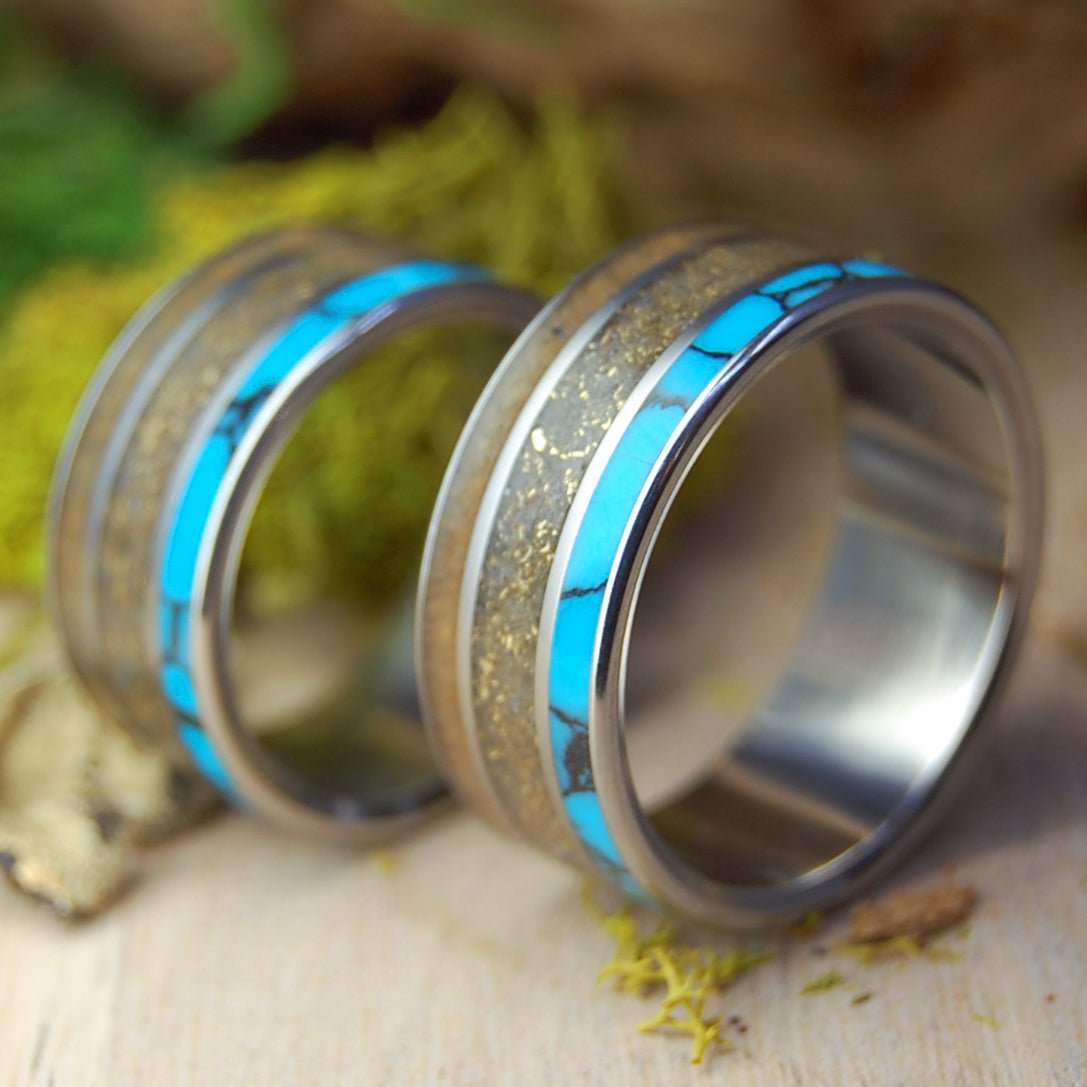 Woolly Mammoth Gold Quartz Set | Woolly Mammoth Tusk, Turquoise and Gold Quartz - Titanium Wedding Rings - Minter and Richter Designs