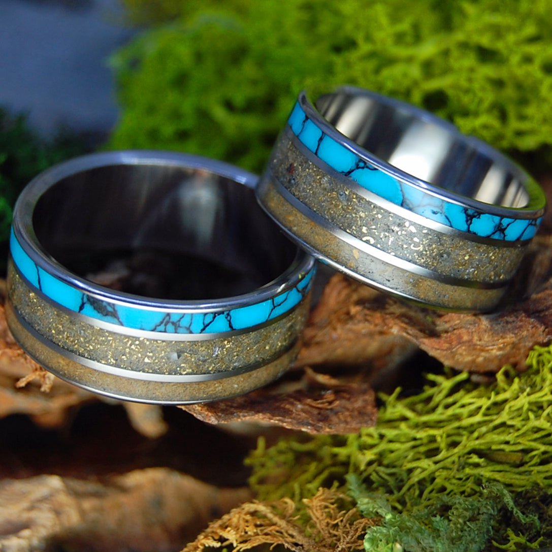Woolly Mammoth Gold Quartz Set | Woolly Mammoth Tusk, Turquoise and Gold Quartz - Titanium Wedding Rings - Minter and Richter Designs