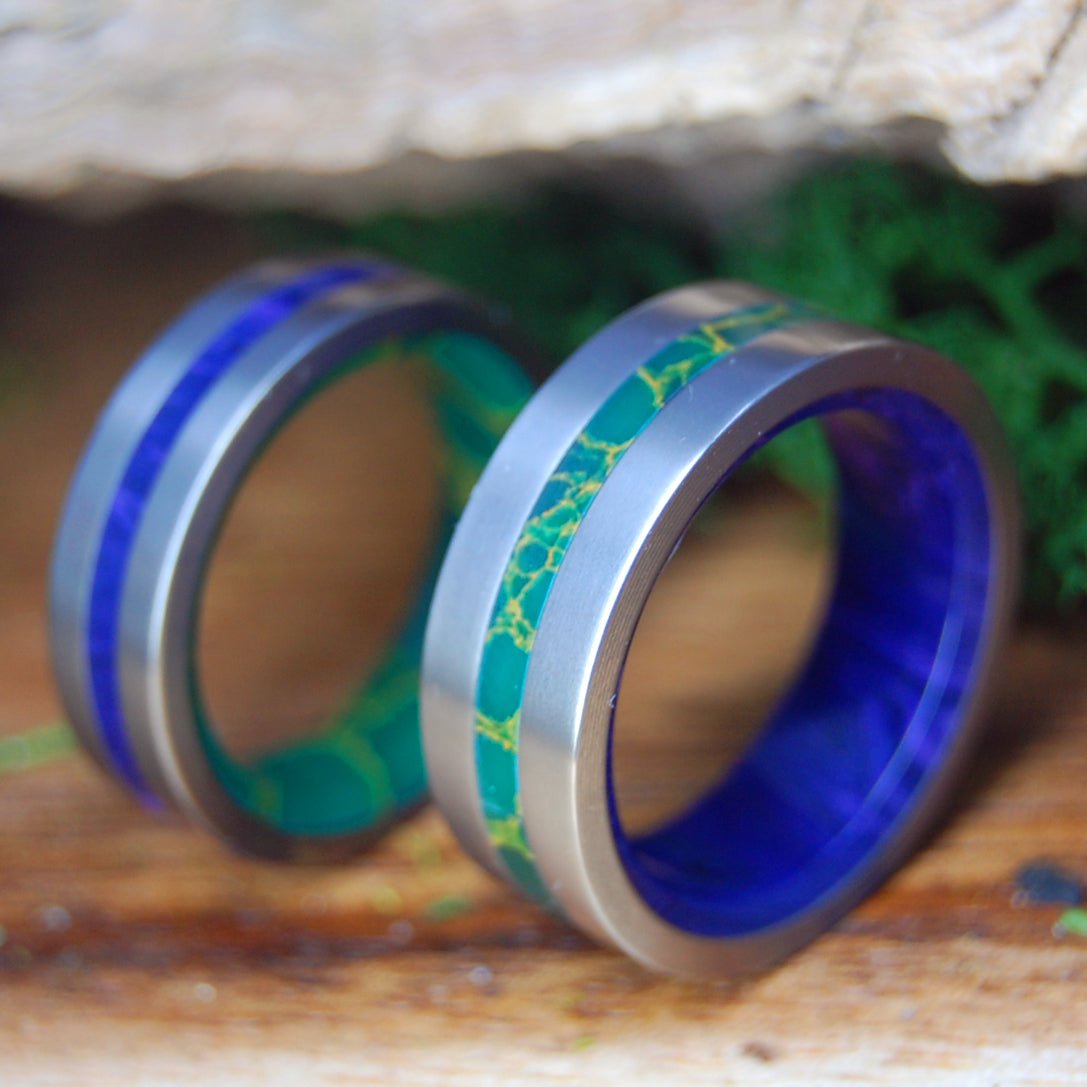 YOU ARE MY CALM. YOU ARE MY SPARK. | Jade, Charoite & Titanium - Unique Wedding Rings - Minter and Richter Designs