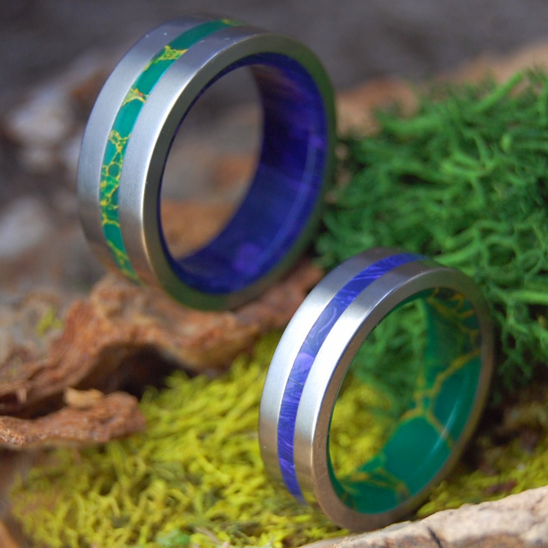 YOU ARE MY CALM. YOU ARE MY SPARK. | Jade, Charoite & Titanium - Unique Wedding Rings - Minter and Richter Designs