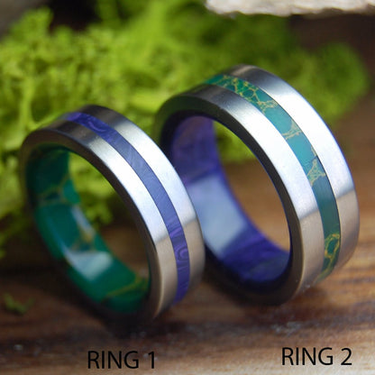 YOU ARE MY CALM. YOU ARE MY SPARK. | Jade, Charoite & Titanium - Unique Wedding Rings - Minter and Richter Designs