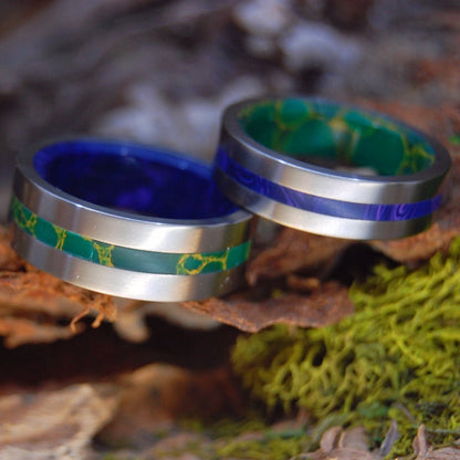 YOU ARE MY CALM. YOU ARE MY SPARK. | Jade, Charoite & Titanium - Unique Wedding Rings - Minter and Richter Designs