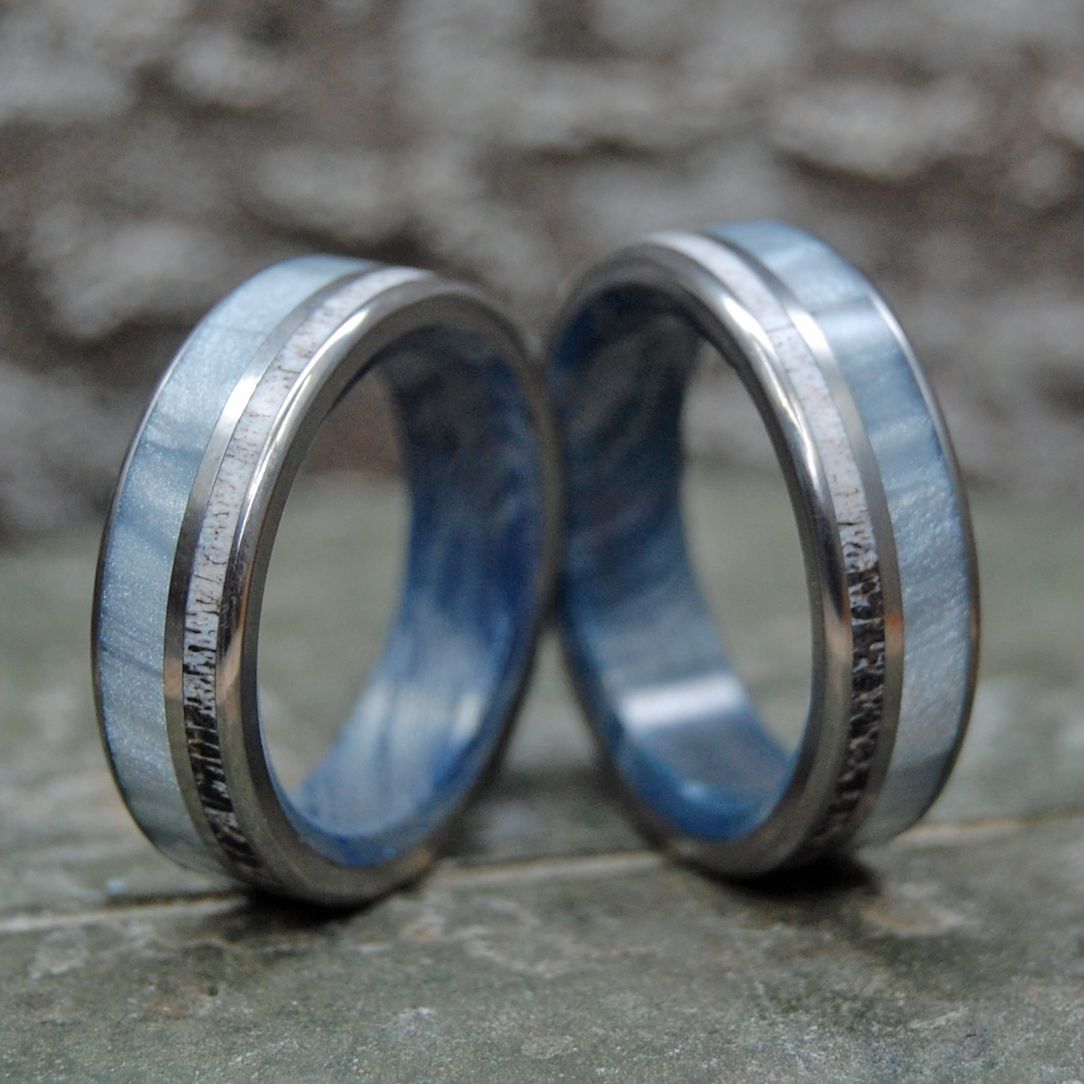 MOOSE THROUGH FOG SET | Moose Antler & Gray Pearl Titanium Wedding Ring Set - Minter and Richter Designs