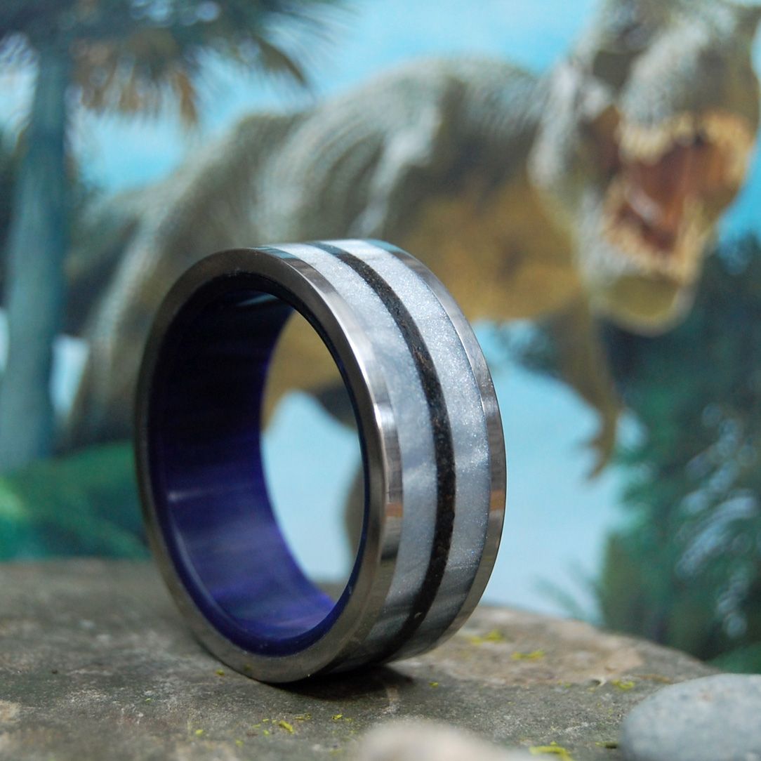 EPOCH | T-Rex Dinosaur Tooth, Gray Resin & Purple Resin Titanium Wedding Ring - Minter and Richter Designs