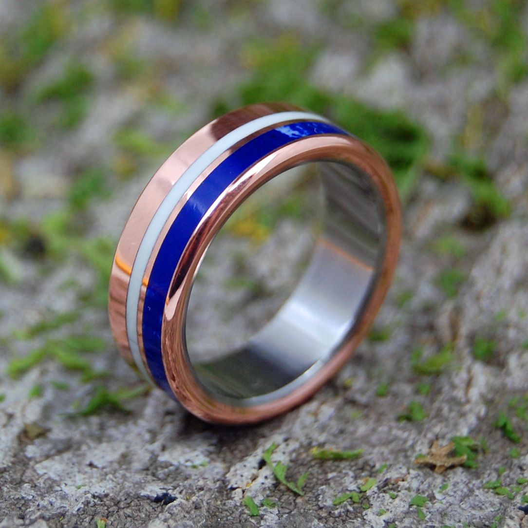 CHERISH ME | Copper, Sodalite & White Marble Titanium Wedding Rings - Minter and Richter Designs