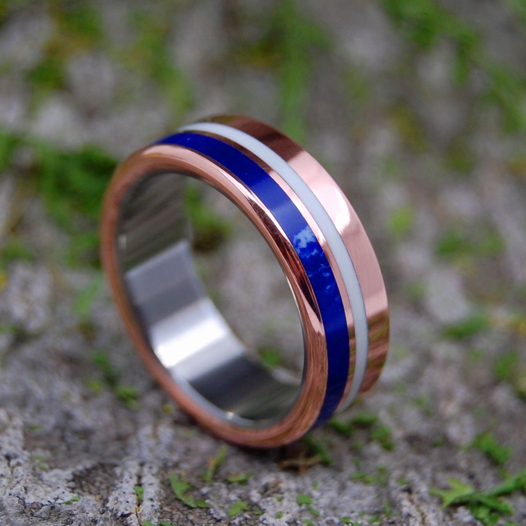 CHERISH ME | Copper, Sodalite & White Marble Titanium Wedding Rings - Minter and Richter Designs