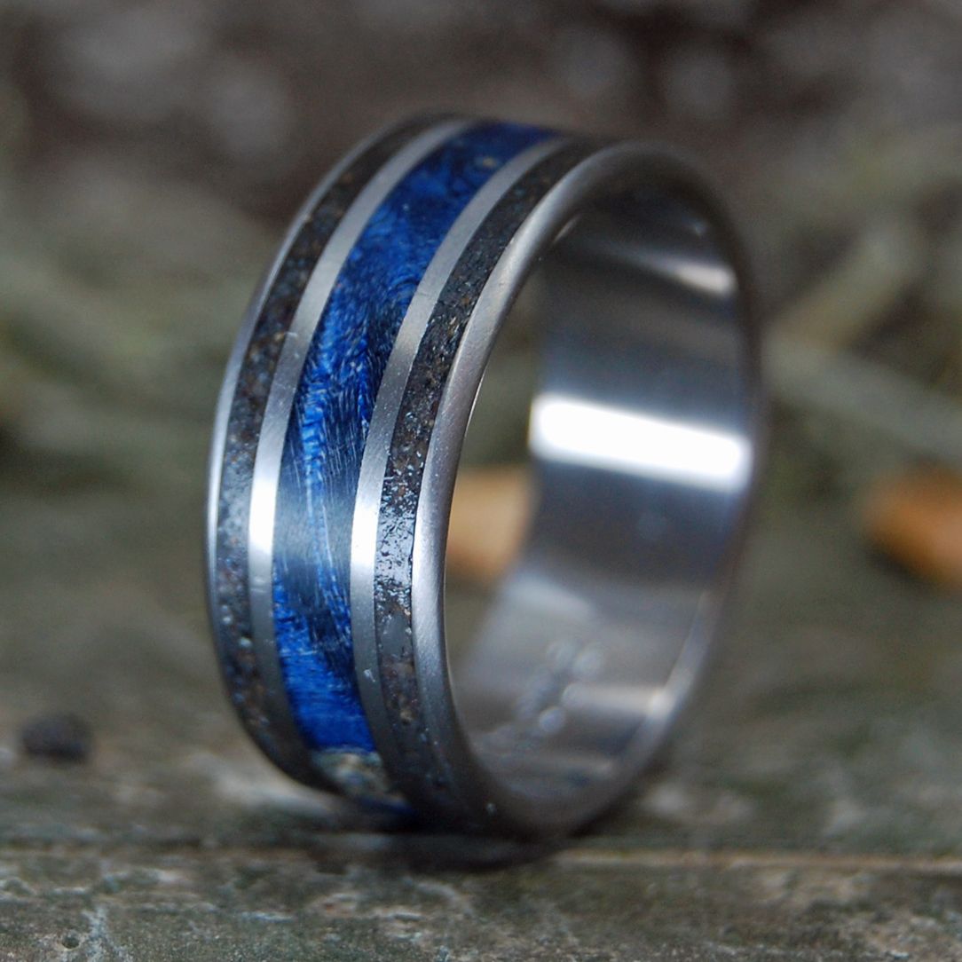 BLACK AND BLUE TO KEEP IT TRUE | Blue Box Elder Wood & Black Sand Titanium Wedding Ring - Minter and Richter Designs