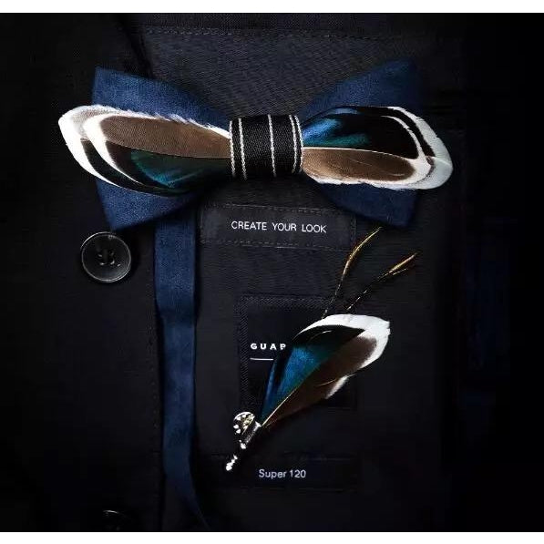 BLUE BROWN WHITE FEATHER BOW TIE WITH LAPEL PIN SET - Handmade Bow Tie - Groomsmen Gift - Minter and Richter Designs