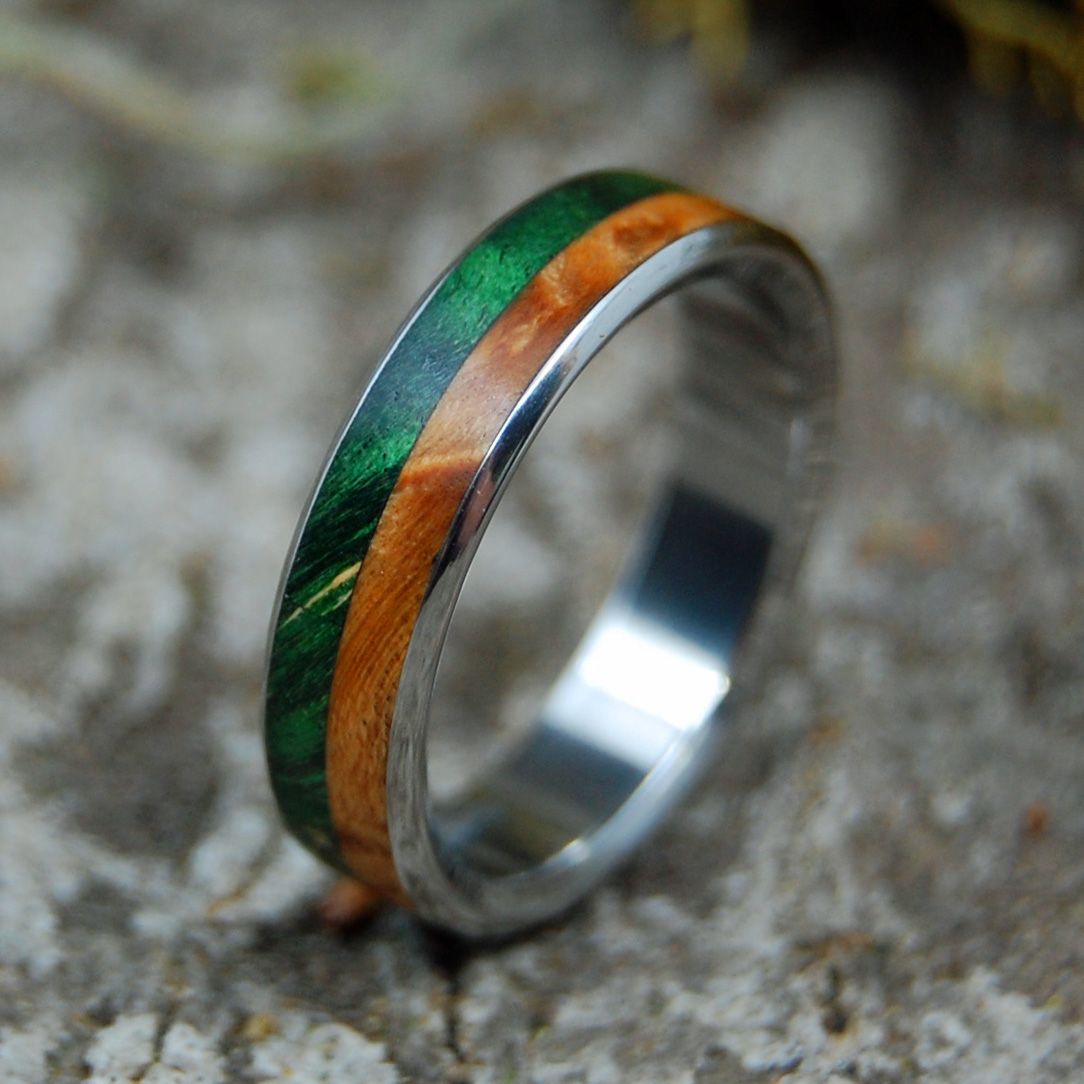 DUKE OF MY SOUL | Green & Golden Box Elder Titanium Wedding Ring - Minter and Richter Designs