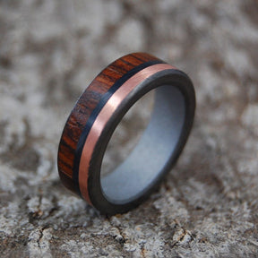 COCO LOCO | Cocobolo Wood, Copper & Onyx Stone Titanium Wedding Rings - Minter and Richter Designs